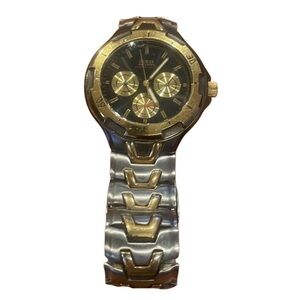 Guess Men’s gold watch with black face New Battery Vintage Y2K Waterpro Quartz
